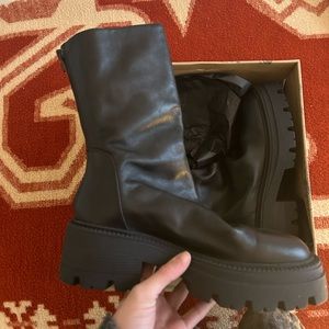 Free People Emma Ruche black faux leather moto boot.